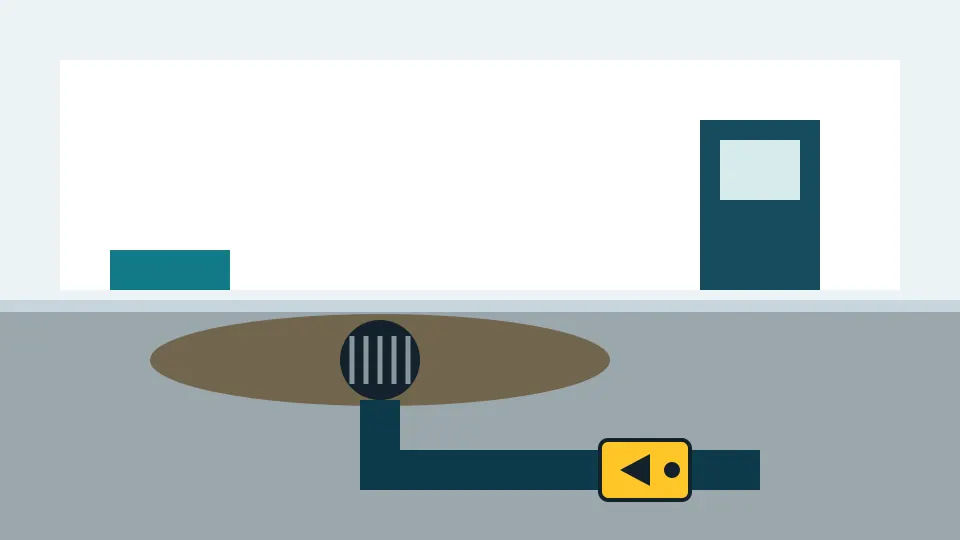 Illustration of a basement floor drain with dark water rising and a backwater check valve on the pipe