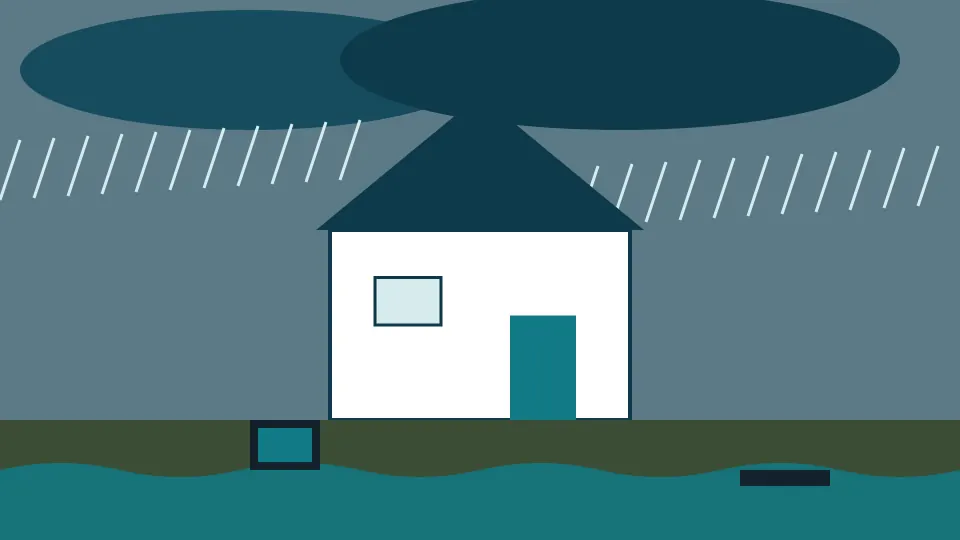 Illustration of a house in heavy rain with water pooling at a window well and a street drain overflowing