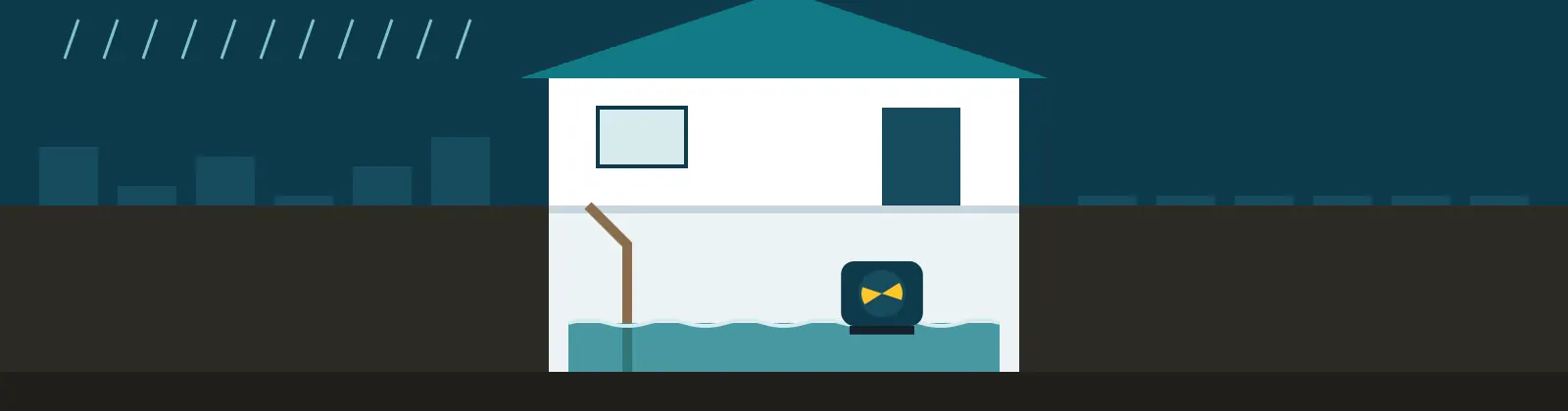 Illustration of a Toledo house in cross-section with water on the basement floor and a drying fan running