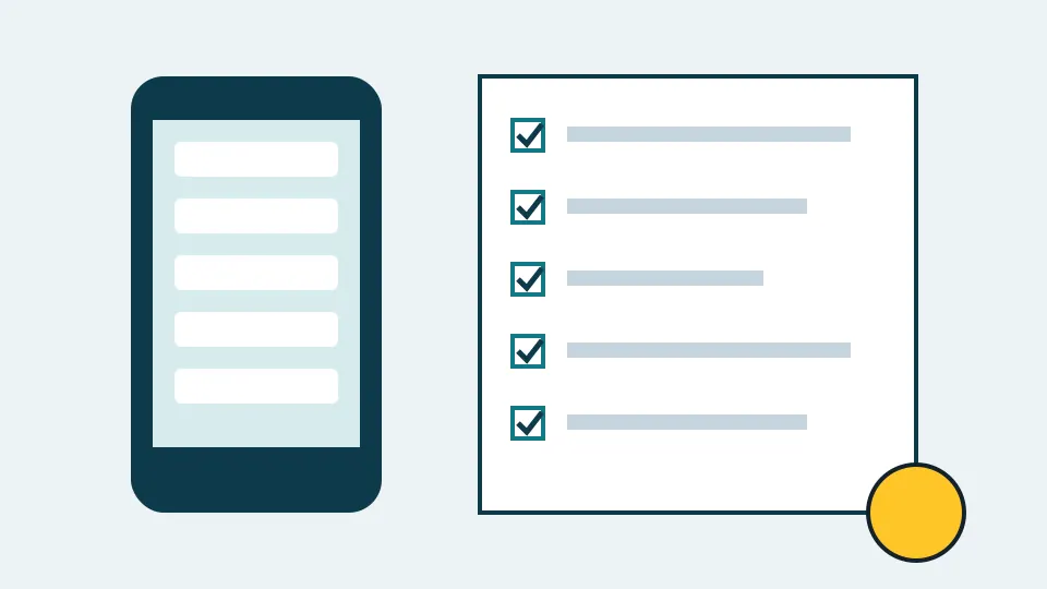 Illustration of a phone beside a checklist and a basement floor drain