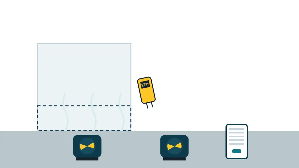 Illustration of air movers and a dehumidifier drying a room while a moisture meter reads a wall